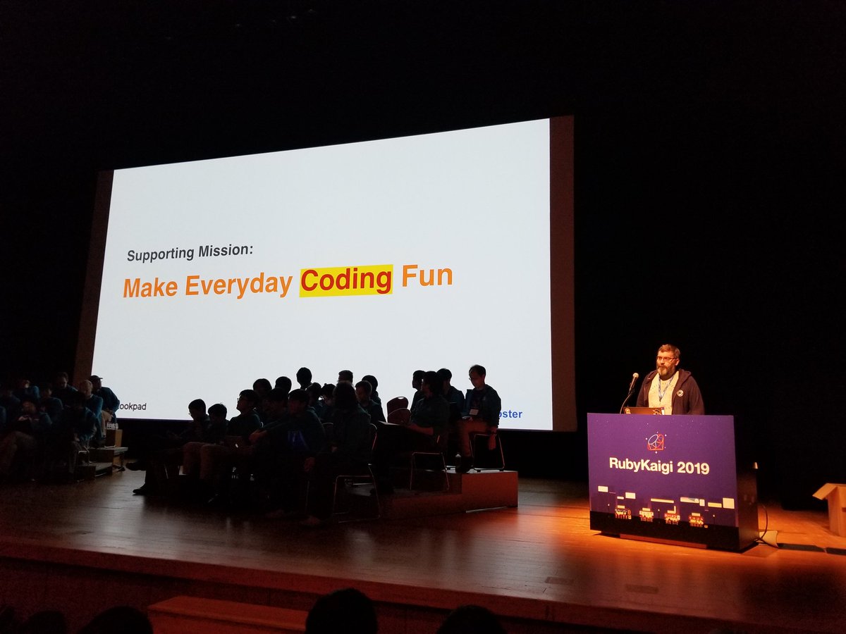 davidstosik's tweet photo. Cookpad is a #RubyKaigi2019 sponsor. @tapster introduces Cookpad before the "Committers vs The World" session and adds a twist to our mission. Very proud to be working at @cookpad_dev! https://t.co/PIHlbQwTm5