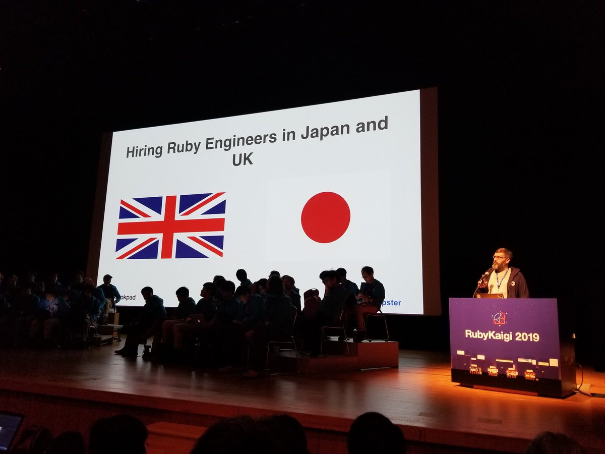 davidstosik's tweet photo. Cookpad is a #RubyKaigi2019 sponsor. @tapster introduces Cookpad before the "Committers vs The World" session and adds a twist to our mission. Very proud to be working at @cookpad_dev! https://t.co/PIHlbQwTm5