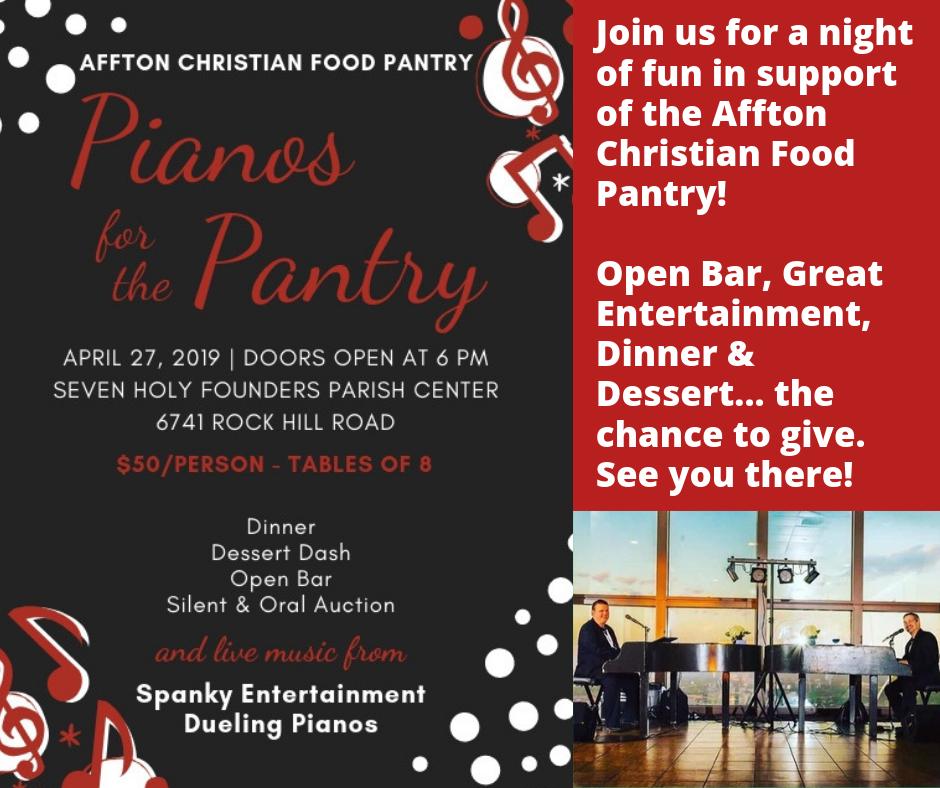 ChristFoodSTL's tweet photo. The Countdown to Pianos for the Pantry, featuring the always awesome 🎹dueling pianos of @SpankyEnt 🎹 is on: 7 days!  Dinner, OPEN BAR 🍻, great live entertainment, and an auction supporting an amazing cause!  For more information or to purchase tickets: https://t.co/aCoiI7blcA https://t.co/xMOF7OUPjr