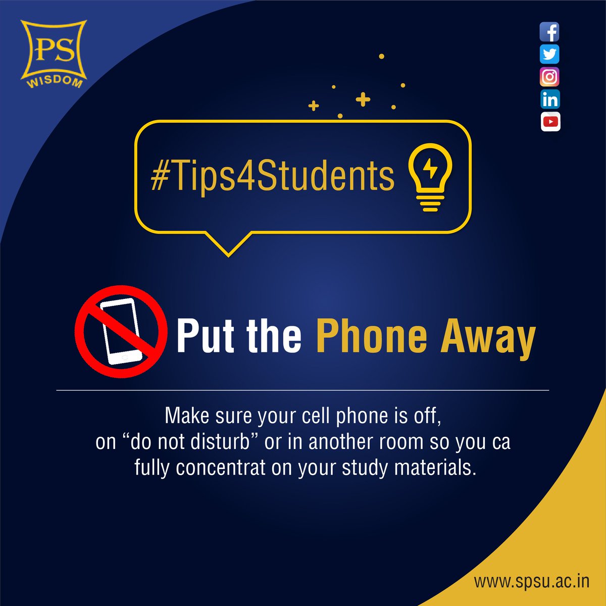 Spsu_Udaipur's tweet photo. #Tips4Students Make sure your cell phone is off, on “do not disturb” or in another room so you can fully concentrate on your study materials.
https://t.co/FC1VQywdxG
#SPSU #University #Students #Education #Exams #Admission #ApplyOnline https://t.co/mJmZP3MRrZ