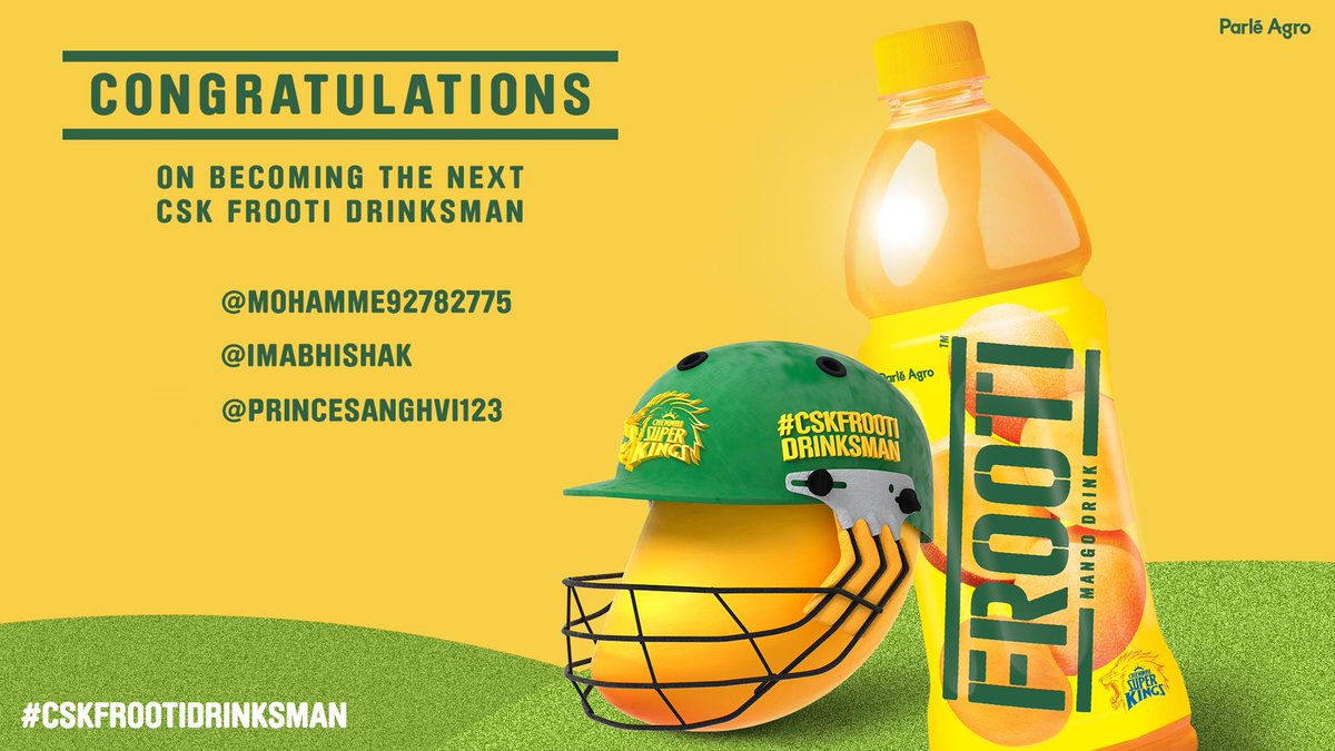 Frooti's tweet photo. Congratulations, @Mohamme92782775, @imabhishak, and @princesanghvi on becoming the #CSKFrootiDrinksman. You’ve won yourself a chance to experience the match LIVE in Chennai on 23rd April. https://t.co/jS7SBdO2Jy