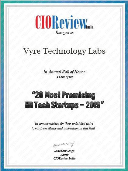 sudev_das's tweet photo. It’s an Honour for us at Vyre to be chosen as one of the most promising startup in HRTech 2019. Thank You so much #CIOReview for recognizing us. #HRTech #startup #recruiting #vyre https://t.co/5hJkTOweb5