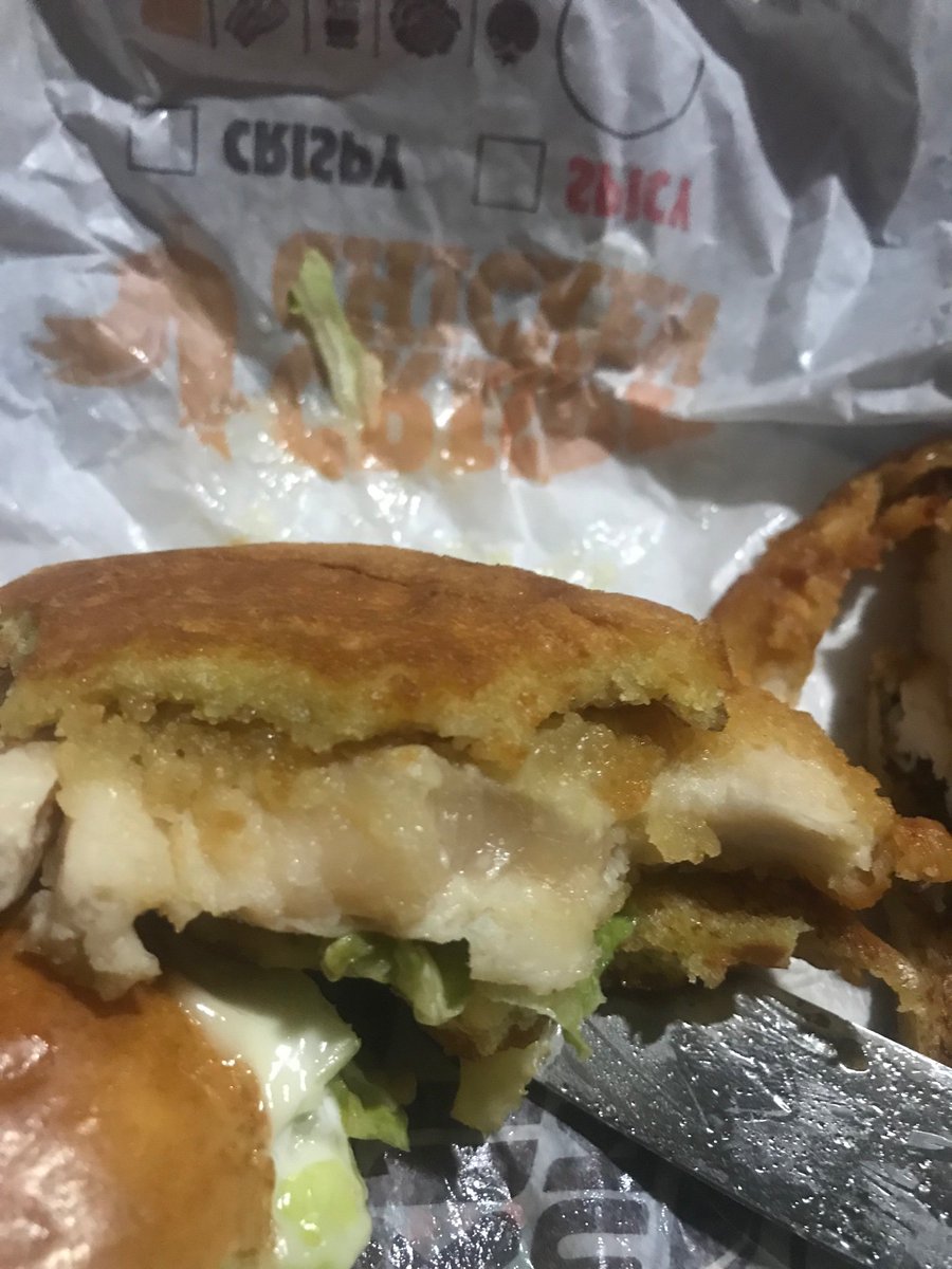 <a href="/BurgerKing/">Burger King</a> The middle of my husband’s crispy chicken was raw.  1st your employees dropped our order on the floor; they remade wrong order with burnt buns-topped off with raw chicken—never again.