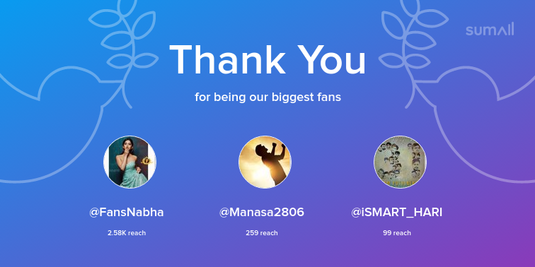Our biggest fans this week: @FansNabha, @Manasa2806, @iSMART_HARI. Thank you! via sumall.com/thankyou?utm_s…