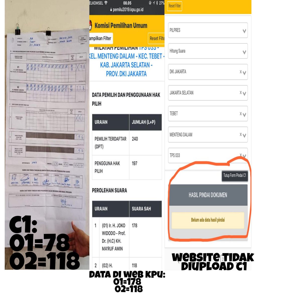 taufikNIC's tweet photo. DKI jakarta>Jakarta Selatan>Tebet>Menteng Dalam>TPS 033

Form c1 tidak diupload.

Form c1 asli:
01=78
02=118

Data web KPU:
01=178
02=118

01 Kelebihan 100. tlg form C1 di upload. antisipasi data yg tidak ada form C1 bisa spt ini.

@KPU_ID
#SaveOurDemocracy
#KpuJanganCurang https://t.co/9fyZFCg4GU