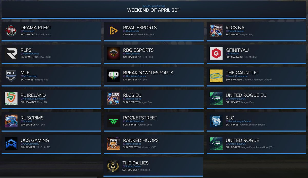 OurDailies's tweet photo. This weekend's shows:

RLCS, and the @RivalEsportsGG RLRS NA B-Stream
@RocketStreet Grand Series
@GfinityAU OCE Masters
@DramaRLert €100 3v3
@RLPremierSeries $100 2v2
@RankedHoops $75 Hoops
@RBG_Esports $30 3v3
@yumi_cheeseman The Glove
@RL_Ireland Cork LAN
cont'd https://t.co/IDU8pOK4ei