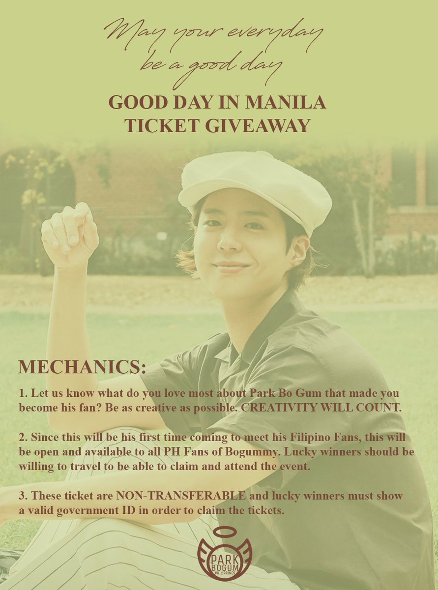 officialbogumph's tweet photo. [TICKET GIVEAWAY] 

PBGPH is giving away 4 VIP tickets to Park Bo Gum's Fanmeeting in Manila!

‼PLEASE READ THE MECHANICS CAREFULLY

‼Announcement of winners will be on April 25th, 12pm.

We appreciate all the love and support for Park Bo Gum!

#ParkBoGumMNL https://t.co/HnKS6oorYs