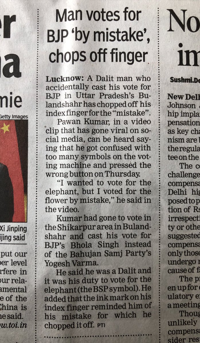 _RavinderSingh_'s tweet photo. (In case this stunt is true) The Ink mark would have reminded him of his mistake for a few days. The chopped finger would do so forever. https://t.co/bSx1gYv7C6