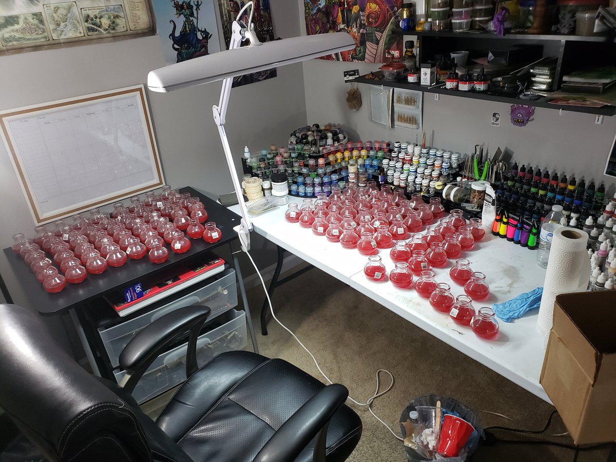 DModdities's tweet image. Putting in the work! All the red potions are being made this weekend. Dice are expected from the manufacturer by the end of the month or early May... we are on schedule and working hard!