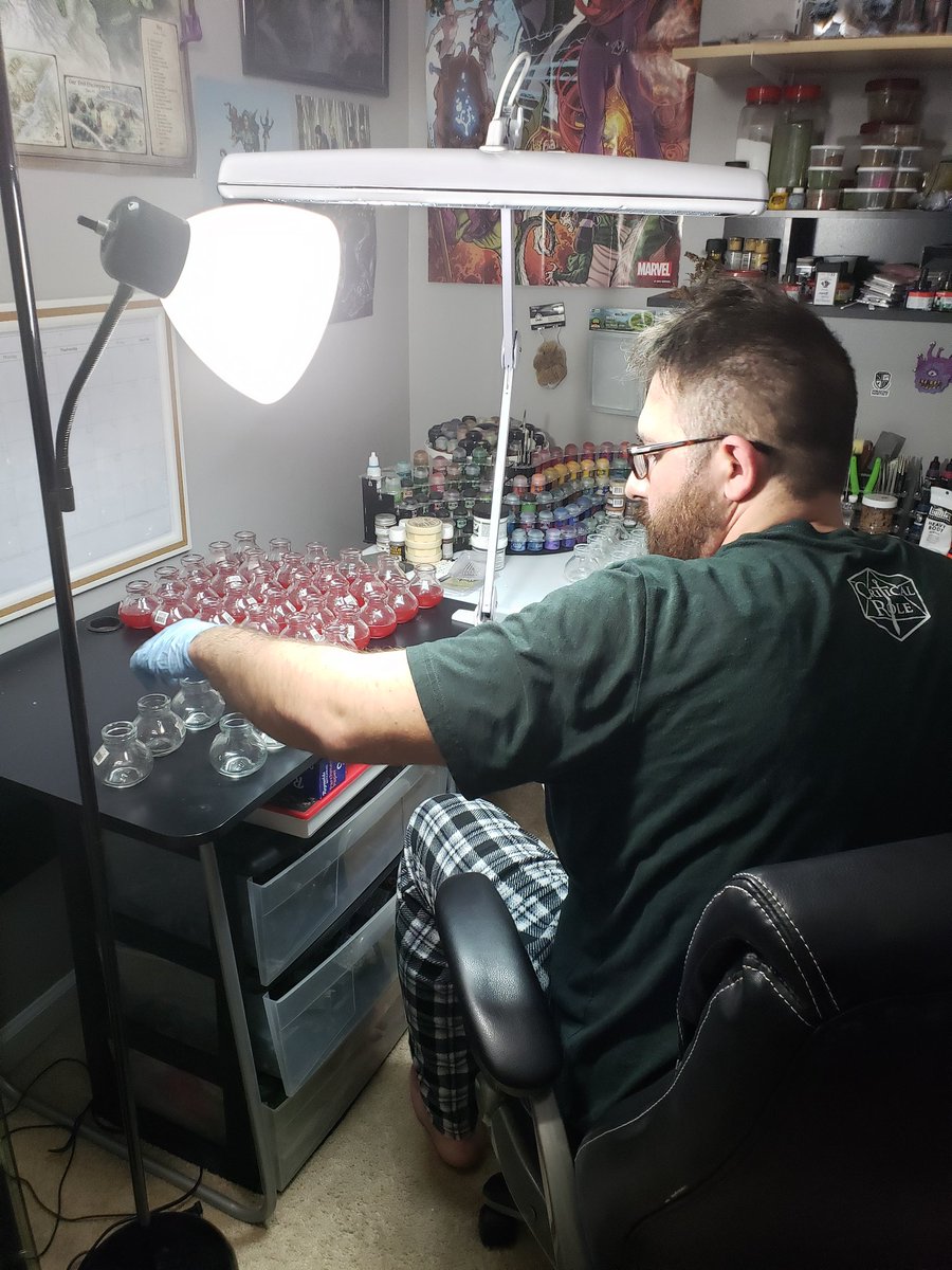 DModdities's tweet image. Putting in the work! All the red potions are being made this weekend. Dice are expected from the manufacturer by the end of the month or early May... we are on schedule and working hard!