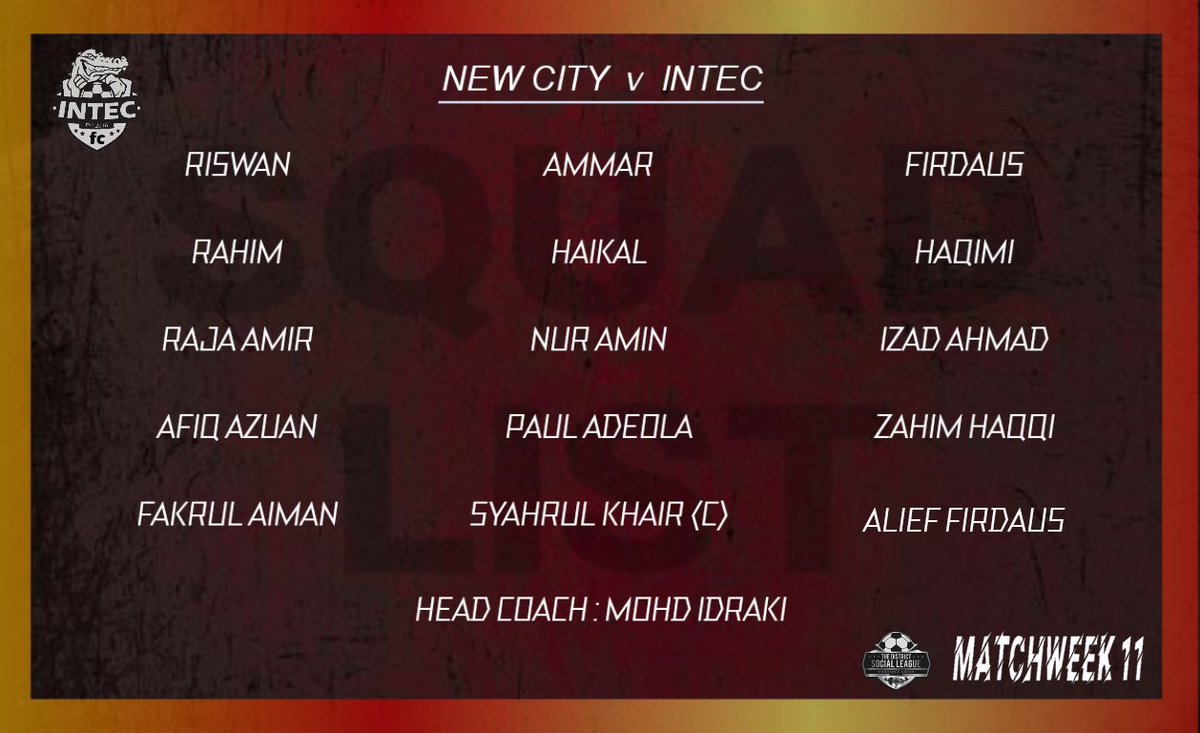 intecfc's tweet image. Today squad list against New City
#TheDistrictSocialLeague 
#Misi3Mata
#WeAreTheCrocs