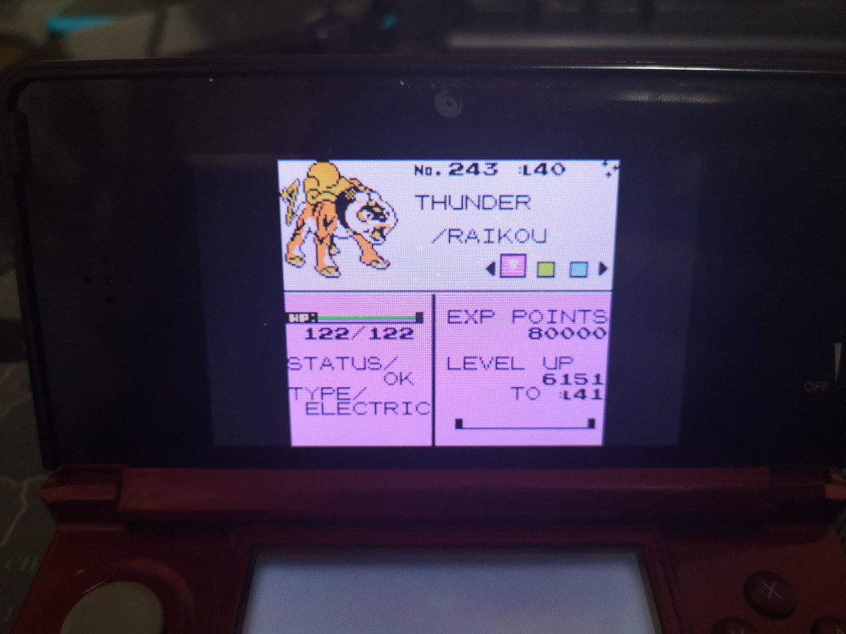 moltres73's tweet photo. Live Shiny Roaming Raikou in Pokemon Gold VC after 1,172 SRs! I can't believe I got this, and so quickly too! This Raikou was my secret target for my 100 subscriber special!

Video Here: https://t.co/kqp9MEtZxh https://t.co/KyIPbzZvuq