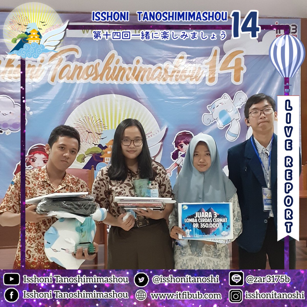 IsshoniTanoshi's tweet image. Sekali lagi selamat minna😊
.
#LiveReportIT14 #ITFIBUB #IT14
#UniversitasBrawijaya
#EventMalang
#JapaneseFestival