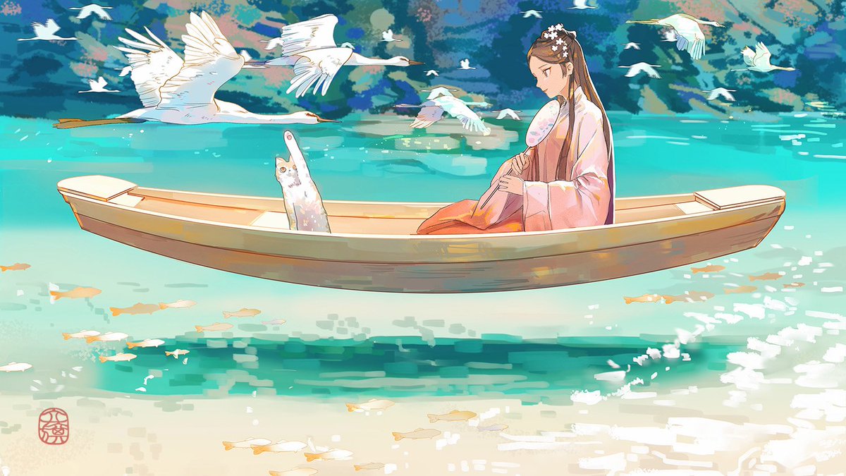 1girl boat watercraft hanfu bird long hair chinese clothes  illustration images