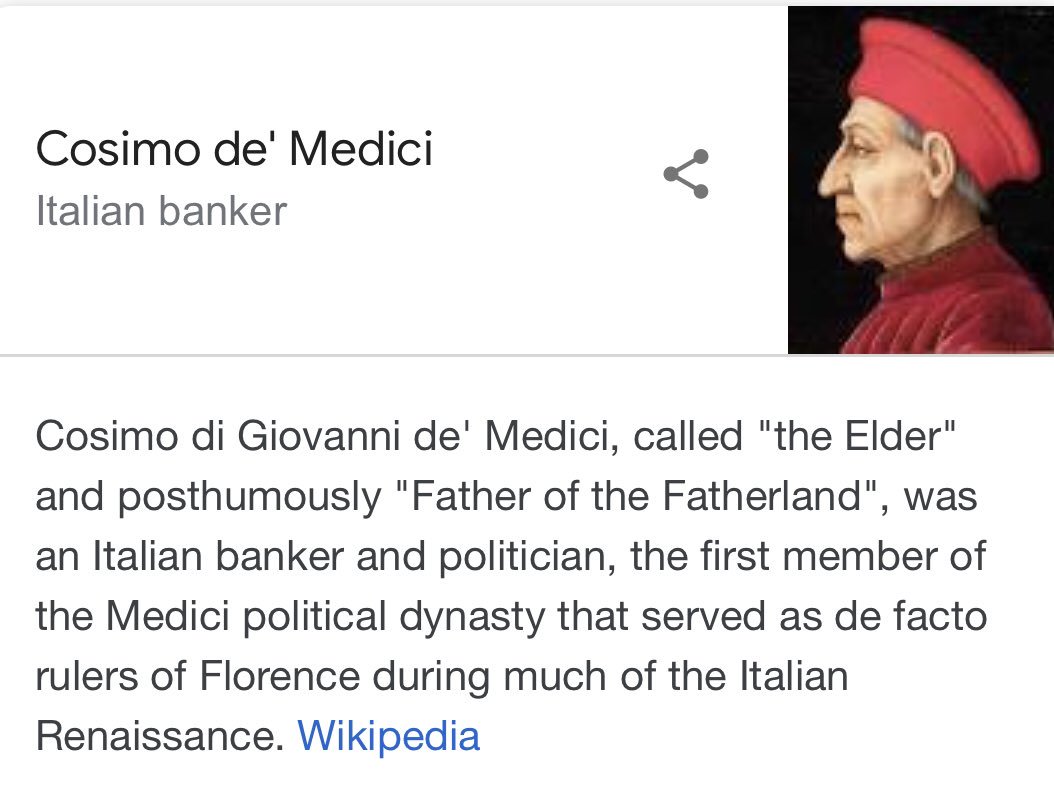 The Medici bank was founded in 1397 by Giovanni di Bicci de’ Medici. (Bicci was his dad Averado’s nickname). It collapsed in 1494On his deathbed, Giovanni told his children to stay out of the public eye. His son Cosimo disobeyed this *dramatically* 