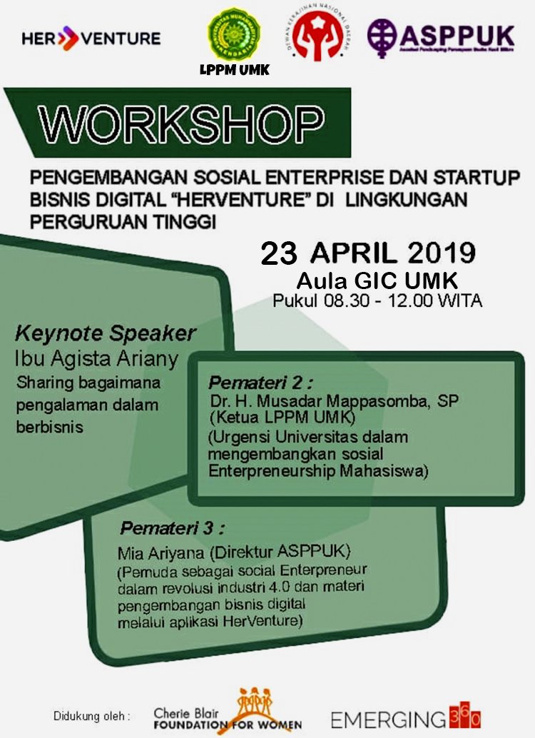 Workshop 
Pengembangan Sosial Enterprise dan Startup Bisnis Digital "Herventure" di Lingkungan Perguruan Tinggi

23 April 2019
Aula GIC UMK
Pukul: 08.30-12.00

#lppmumk #herventure #febiumk #umkkendari #eventfebiumk