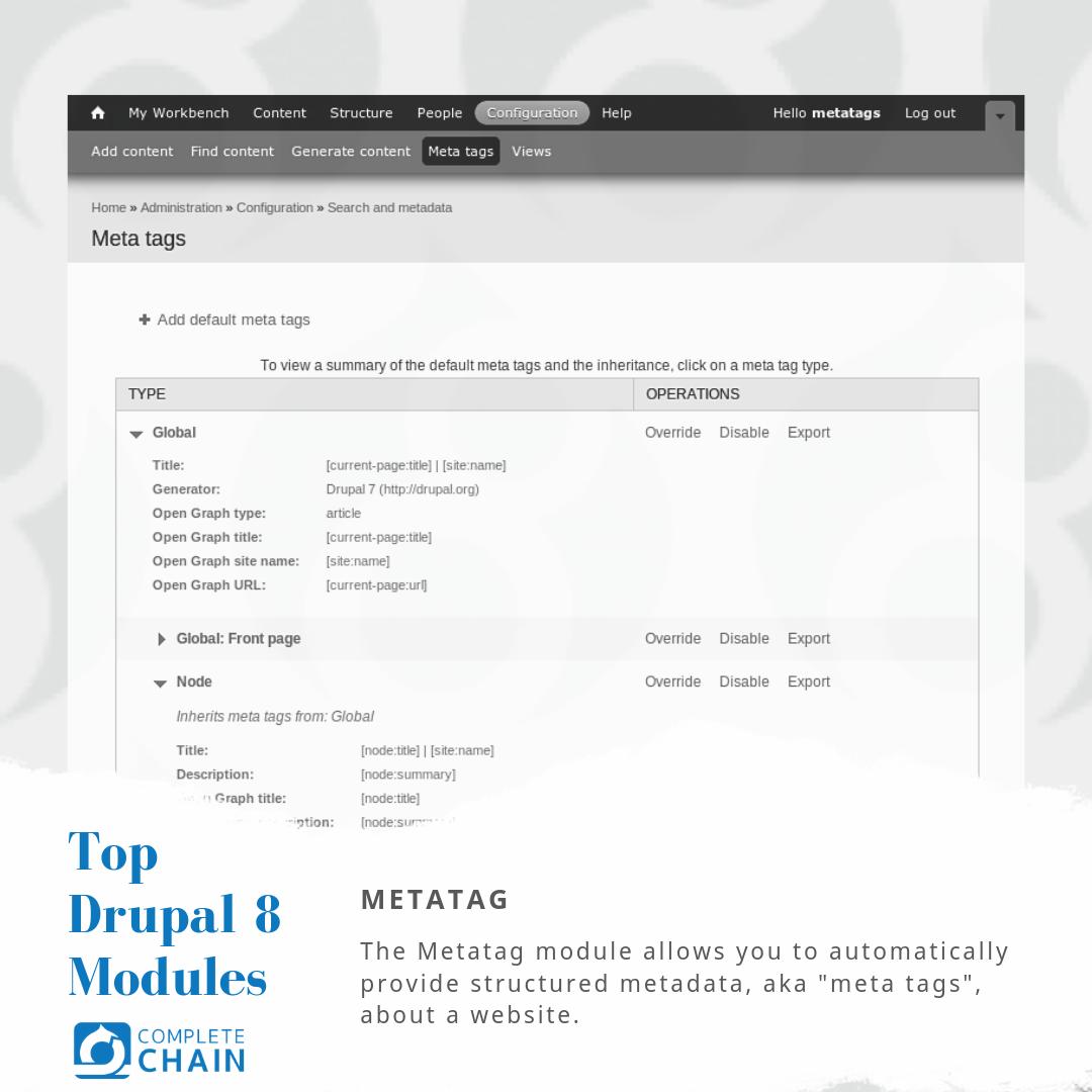 CompleteChain's tweet image. Introducing Top Drupal 8 Modules Series!
The Metatag module allows you to automatically provide structured metadata, aka &quot;meta tags&quot;, about a website. Read more: bit.ly/2upVvo3

#DrupalModule #Drupal8 #CompleteChain #Drupal #Module #WebDevelopement #PHP #MetatagModule