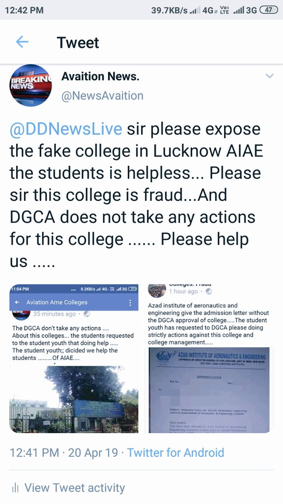 NewsAvaition's tweet photo. @dineshcsharma sir expose the education racket in Azad institute of aeronautics and engineering near crpf camp bijnor road ...Lucknow  please help the college is not approved by DGCA and take the administon of 24 students ... Sir please help the students of AIAE.... https://t.co/5rtN9SHdh2