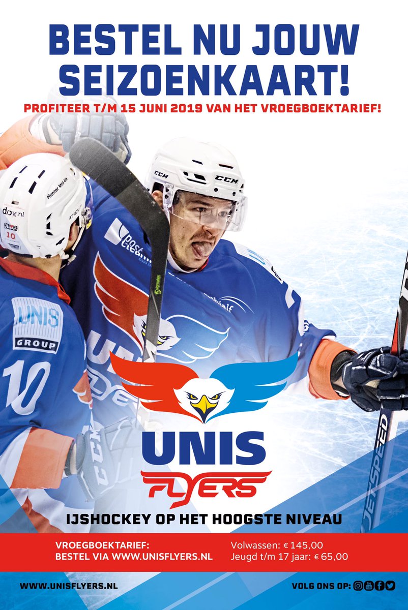 Je kan t/m 15 juni met korting een <a href="/UNISFlyers/">UNIS Flyers</a> seizoenkaart kopen! 🎉🏒🥅 Info: unisflyers.nl