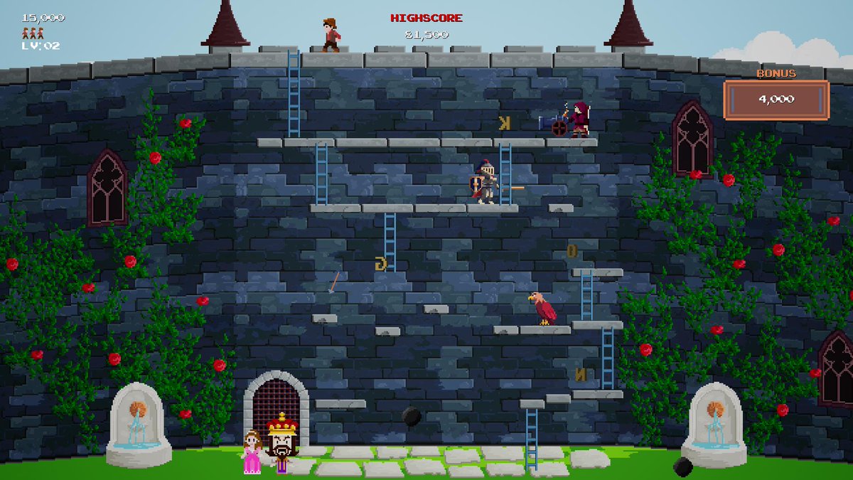 DrowningMonkeys's tweet photo. For #screenshotsaturday let's review the 4 stages of Castle Kong! Stage 1: The Castle Wall.  Scale the wall and avoid the falling oil! #IndieGameDev #indiegames #indiedev @CastleKong https://t.co/Q2sfzIFFgR