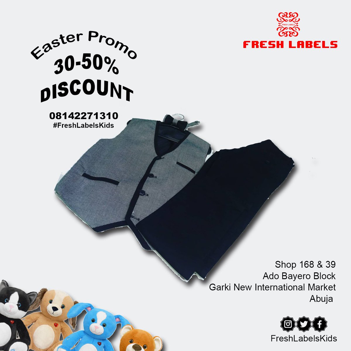 FreshLabelsKids's tweet image. What's your plans for kids this Easter?
We've got a lots of kids items.
visit our office and pick stuffs for your children.
Check our bio for all information.
#FreshLabelsKids
#AbujaPlayGround
#AbujaTwitterCommunity
#SocialAbujaMarket 
#Easter
#Shopping