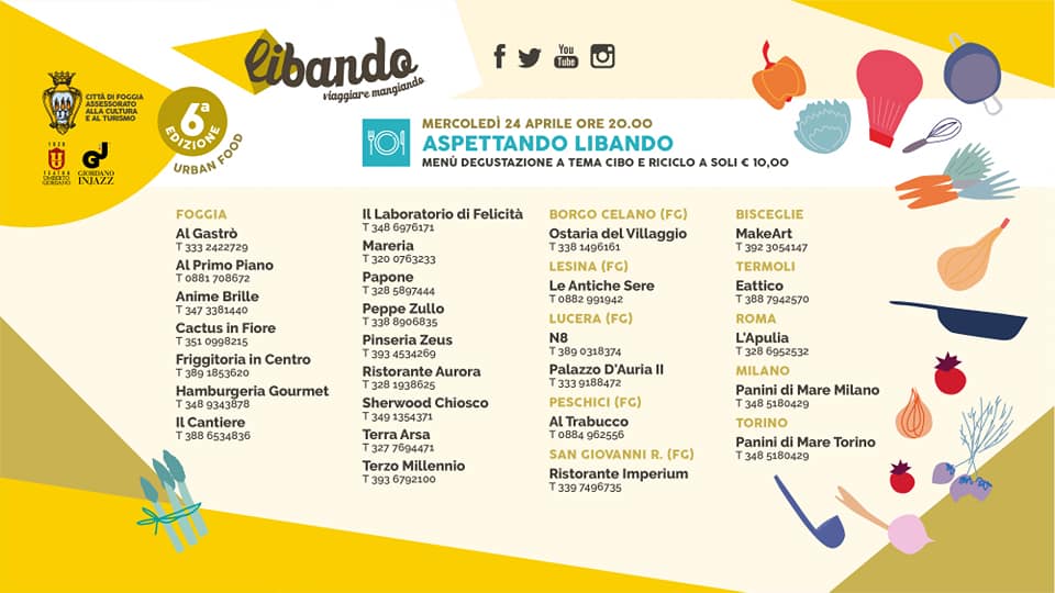 PopCornPress1's tweet image. 🙌#Libando sbarca in tutta Italia con #AspettandoLibando.
📌Mercoledì 24 aprile, non solo nei ristoranti di #Foggia e provincia ma anche di #Bisceglie, #Termoli, #Roma, #Milano e #Torino, sarà possibile degustare il menù street food al costo di 10 euro sul tema #CiboeRiciclo♻️