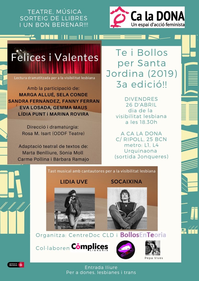 CDoc_caladona's tweet photo. Dv 26 abril 18.30 celebrem  @caladona q cadascuna estima com vol! 
#SantaJordina + Dia  #VisibilitatLèsbica: #teatre #música i 🍪🍰🥃
🎭 dir @rmisart: #MargaAllué #SelaConde #SandraFernández #FannyFerran
#EvaLosada #GemmaMaus #LídiaPunt #MarinaRovira
🎸🎵: @lidiauve i @socaixina https://t.co/De0JCZIAW2