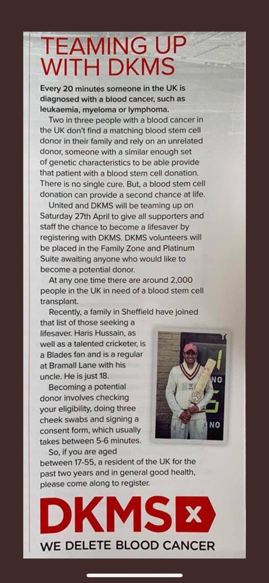 PLEASE BE A LIFE SAVER! Haris needs a life saving bone marrow transplant for Leukaemia. Come and sign up at the donor drive we are running at Bramall Lane in the family hub John Street at their game v <a href="/IpswichTown/">Ipswich Town</a> on 27/4/19 from 3pm to 5pm with <a href="/DKMS_uk/">DKMS UK | We Delete Blood Cancer</a> <a href="/SUFC_tweets/">Sheffield United</a> #hope4haris