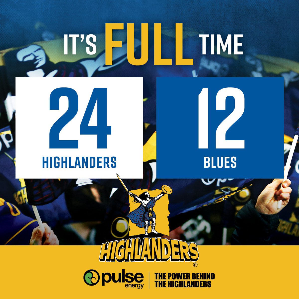 Highlanders's tweet photo. FULLTIME | #YourLanders get the win at home 24-12 over The Blues. The team will head to Tokyo next weekend to play the Sunwolves.
#HighlandersANDyou #StandingTogether #HIGvBLU https://t.co/kIHjyDNqas
