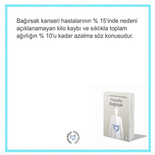 DrTaviloglu's tweet photo. Bağırsak kanseri hastalarının % 15’inde nedeni açıklanamayan kilo kaybı ve sıklıkla toplam ağırlığın % 10'u kadar azalma söz konusudur.

#barsakkanseri / #bağırsakkanseri / #makatkanseri / #rektumkanseri /#hemoroid / #hemoroidtedavisi / #hemoroit / #hemoroittedavisi / #basur https://t.co/rwjV87yJ0o