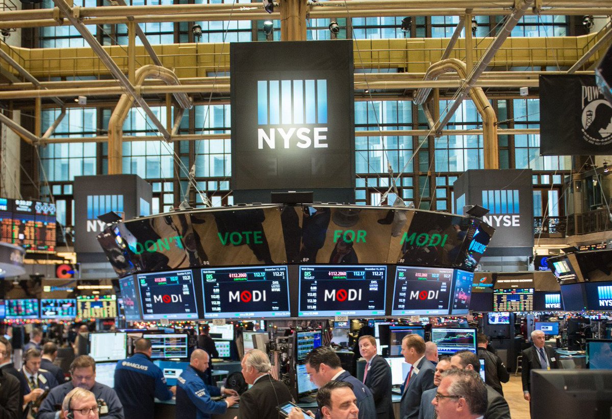 kunalkamra88's tweet photo. The below image is not real. No the New York stock exchange is not doing this, 
a disclaimer is usually not required but looking at the lack of sense of humor around I think giving it is a good idea. Also, don’t vote for Modi. https://t.co/jbvnsDiXQo