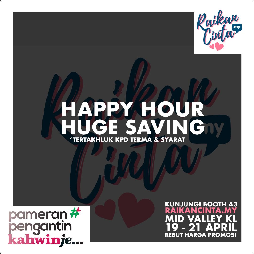 jomgo2my's tweet photo. Rebut peluang jimat di Happy Hour booth kami. Boleh didapati di Pameran Pengantin KahwinJe di Mid Valley 19-21 April 2019. https://t.co/DoGgavucoG
.
#raikancinta #go2cinta #cintadigital #kahwinje #kahwin #wedding #weddingfair #nikah #tunang #sanding #majliskahwin #walimatulurus https://t.co/J7CJHR2zfH