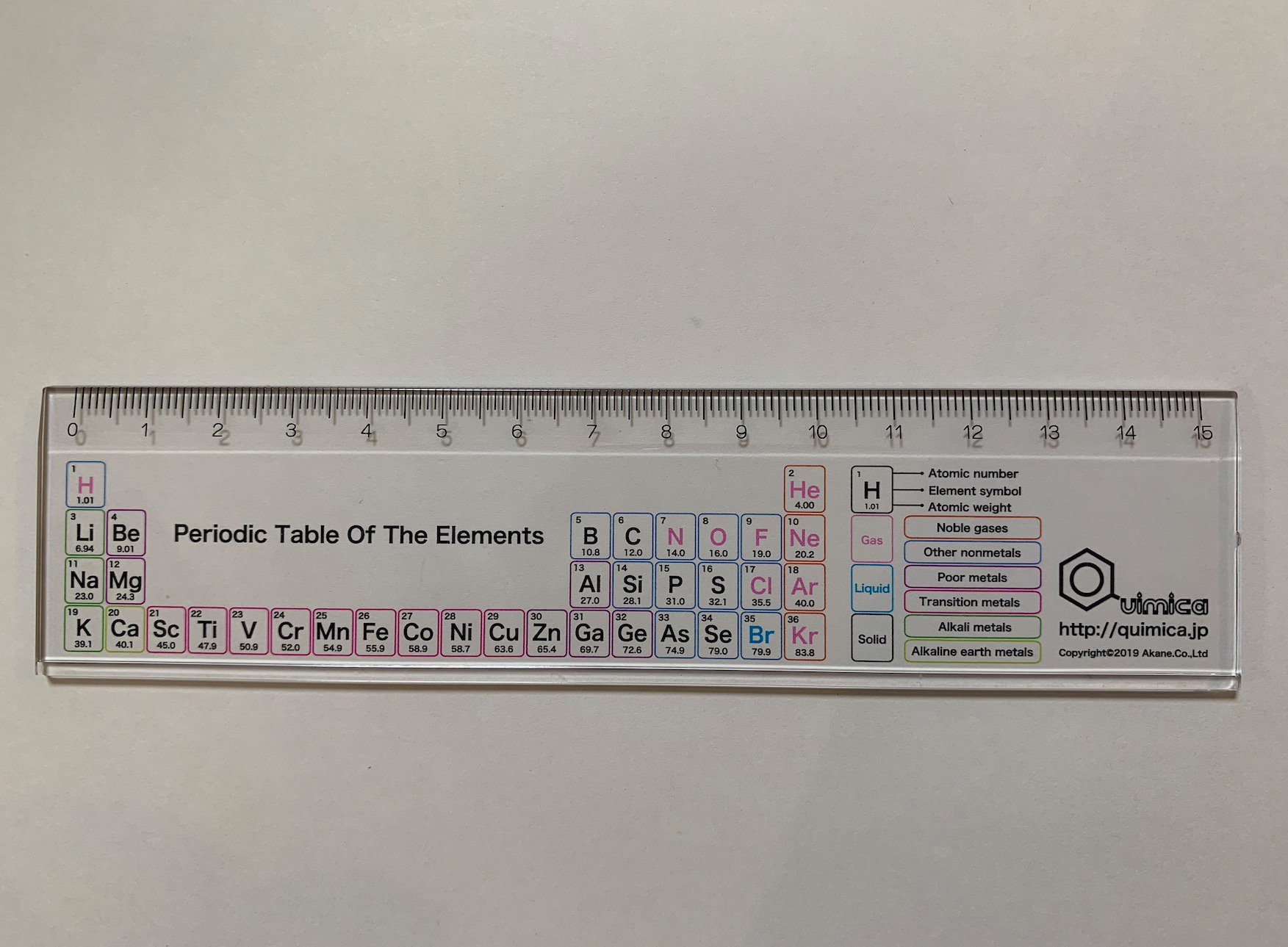 ひでと Quimica化学講師 Twitterissa ベンゼン環ハンコ に続き ひでとの作ってみたシリーズ第4弾 周期表ものさし 筆箱に１個あると便利 ただしテストでは使用不可 受験必須の原子番号1 36をシンプルに元素記号 原子量のみ種類で色分けしました 試作品につき