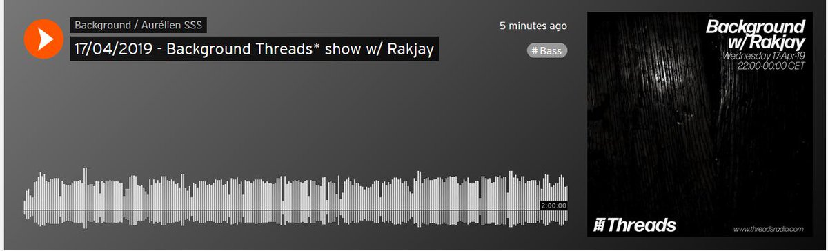 background_SSS's tweet photo. Podcast for my latest @threadsradio is now available here: https://t.co/cgSe12UhUi
Big up @RakjayUK on the guest mix! Warmed things up with some 120-170BPM bass music + experimental tunes, then closed the show with some grime and dubstep 🐅 https://t.co/noQmU8XzLO