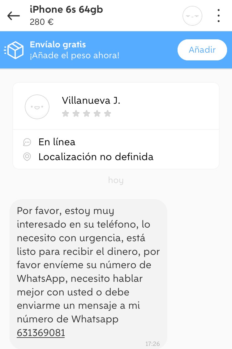 hellmaniaco's tweet photo. ⁦@wallapop⁩ acabo de poner a la venta un iPhone y enseguida me ha salido éste “comprador”. Se puede hacer algo?? Se puede bloquear?? https://t.co/zhhh41cb1S