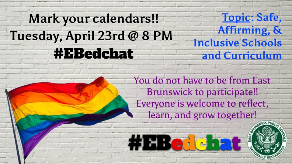We're only a few days away from the next #EBedchat

Remember: #EBedchat is open to everyone! We love guest participants. I know that we're all well rested after Spring Break and excited to dive into reflection, learning, and growth together!