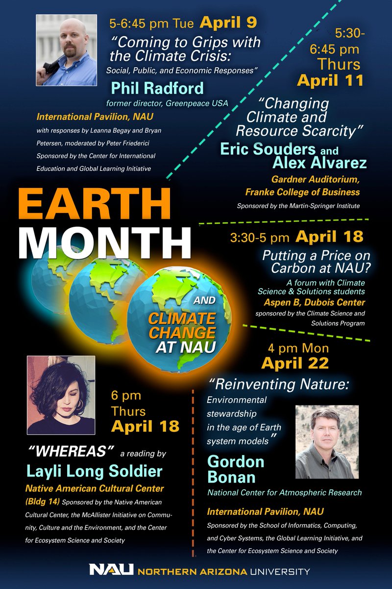 EcossNau's tweet photo. Gordan Bonan from the National Center for Atmospheric Research continues our Climate Change at #NAU #EarthMonth line-up. Join us Monday at the International Pavilion at 4 PM for his talk, "Reinventing Nature." https://t.co/i3VWaZjZ4L @nausiccs https://t.co/7bZ9pbKscU