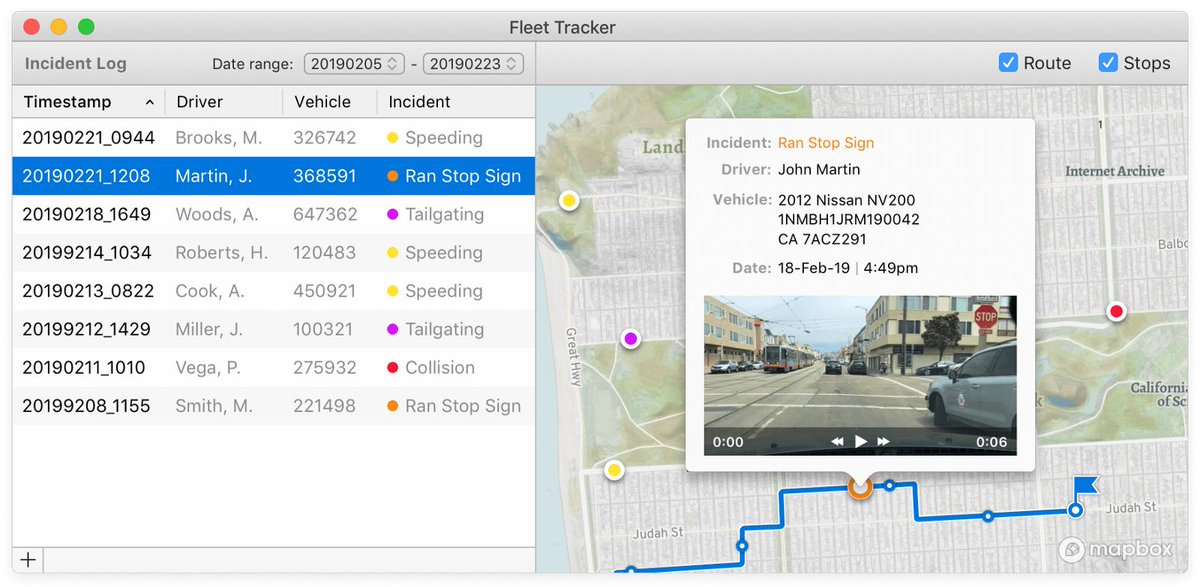 Mapbox's tweet photo. Fleet managers can build configurable incident reports with supporting images and videos to monitor driver performance, and improve driver safety using aggregated driving data from the #VisionSDK. https://t.co/s7Qvzw4u8g https://t.co/SP3x01yimJ