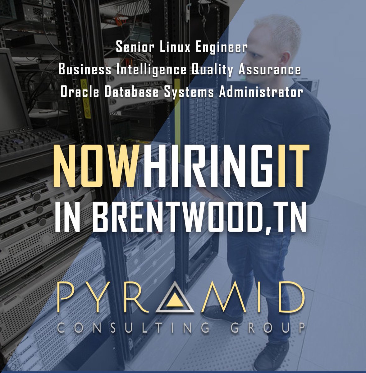 PyramidConsult1's tweet photo. NOW HIRING IT IN #BRENTWOODTN #BRENTWOOD
#linuxserver #engineers #databasemanagement #databaseadministrator #databaseadministration #businessintelligence #businessintelligencebi #oracledatabase #techjobs #itjobs #staffaugmentation #itsecurity #pyramidcgi https://t.co/IhUkJj8EXx