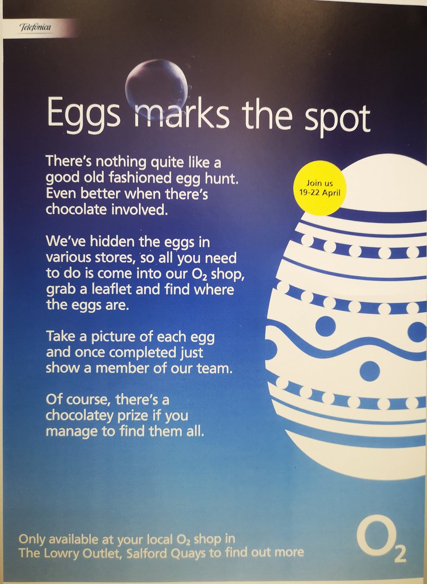 Join our #free #easteregghunt @o2salfordquays @o2lowryoutlet come see us in store to find out how to earn your #chocolatetreat and how you could #win an #alcatelkidstab too! #moreforyou #morethanjustmobile