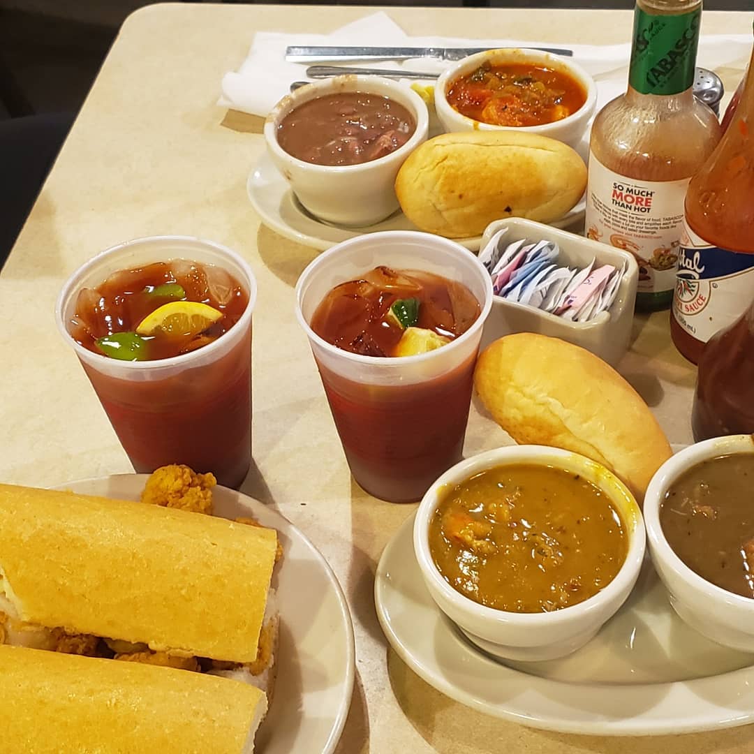 MothersNOLA's tweet photo. Bloody Mary brunch: a cup of this, a cup of that...  a tasting of local specialties... and a po' boy to share. Such a perfect day. Lunch menu served 10:30 a.m. Breakfast and Bloody Marys served all day. | 📸  &amp; caption @amandatay84 /Instagram #MyDrank 🍹  #breakfast #closedEaster https://t.co/6oBuzdlmR6