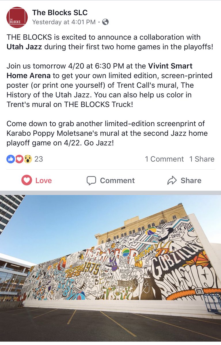 hmyoco's tweet photo. Love it when art and athletes come together! Hope all the @utahjazz fans take advantage of this! @BenMcAdams @slcmayor @SpencerJCox - you might be interested in this. @TheBlocksSLC #takenote #UtahJazz #slc #downtownslc #artmatters #theblocksslc #slco #gojazz https://t.co/EMpOwwQEJe