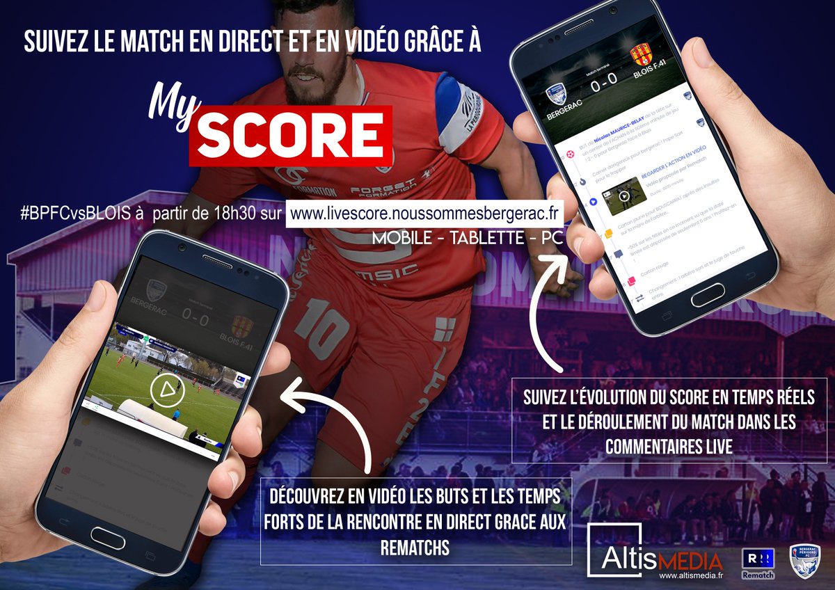 Altisbergerac's tweet photo. ⚽️Vivez l'expérience #MyScore by #Altismedia ce soir à partir de 18h30 pour #BPFCvsBLOIS #Football 💪⬇️ https://t.co/chKmPSnacc