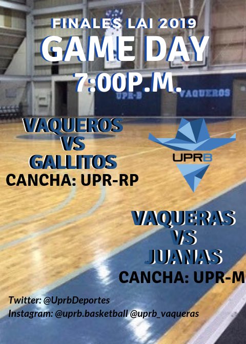 #LAIBasket 🏀

En busca de la primera victoria en la serie final. 

Los quintetos de <a href="/UPRBBasketball1/">UPRB Basketball</a> están listos para darlo todo y obtener la victoria en la noche de hoy. 

🗓 ¡Hoy, 20 de abril!
⏰ 7:00p.m.

Vaqueras vs Juanas
📍 UPRM

Vaqueros vs Gallitos
📍 UPRRP
#TeamUPRB