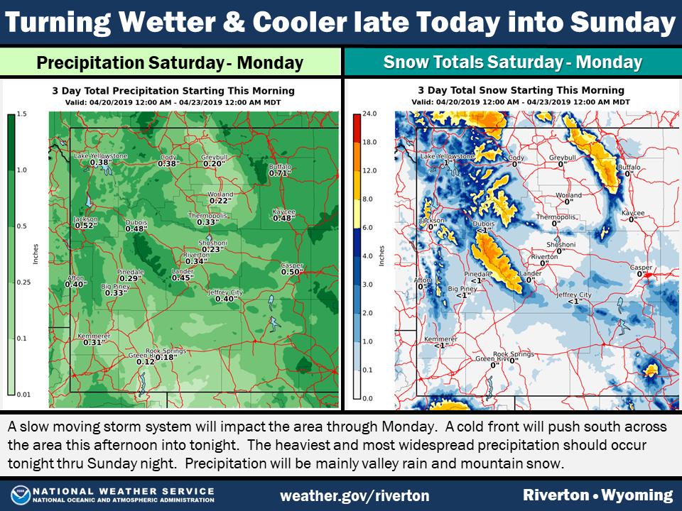NWSRiverton's tweet photo. The weather will be turning cooler & wetter late today into Sunday. Plan on a cool & dreary #Easter. Sorry. Best chance for dry weather at sunrise will be along & south of a #Cokeville - #Pinedale - #Wamsutter line. This includes #BigPIney #GreenRiver #RockSprings #wywx https://t.co/zjU0CkLZwt