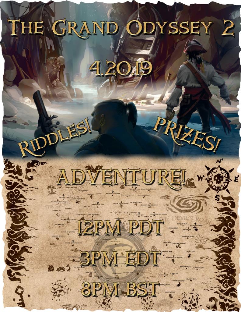 FakeTunaTweet's tweet photo. Today is the day Pirates!

The Odysseans of THE GRAND ODYSSEY set sail today at 8pm BST/3pm EDT/12pm PDT!

We are so excited, may the best Crew win!

#SeaOfThieves #BeMorePirate
#SeaOfFortune #TheGrandOdyssey https://t.co/cJFcLgGYJu