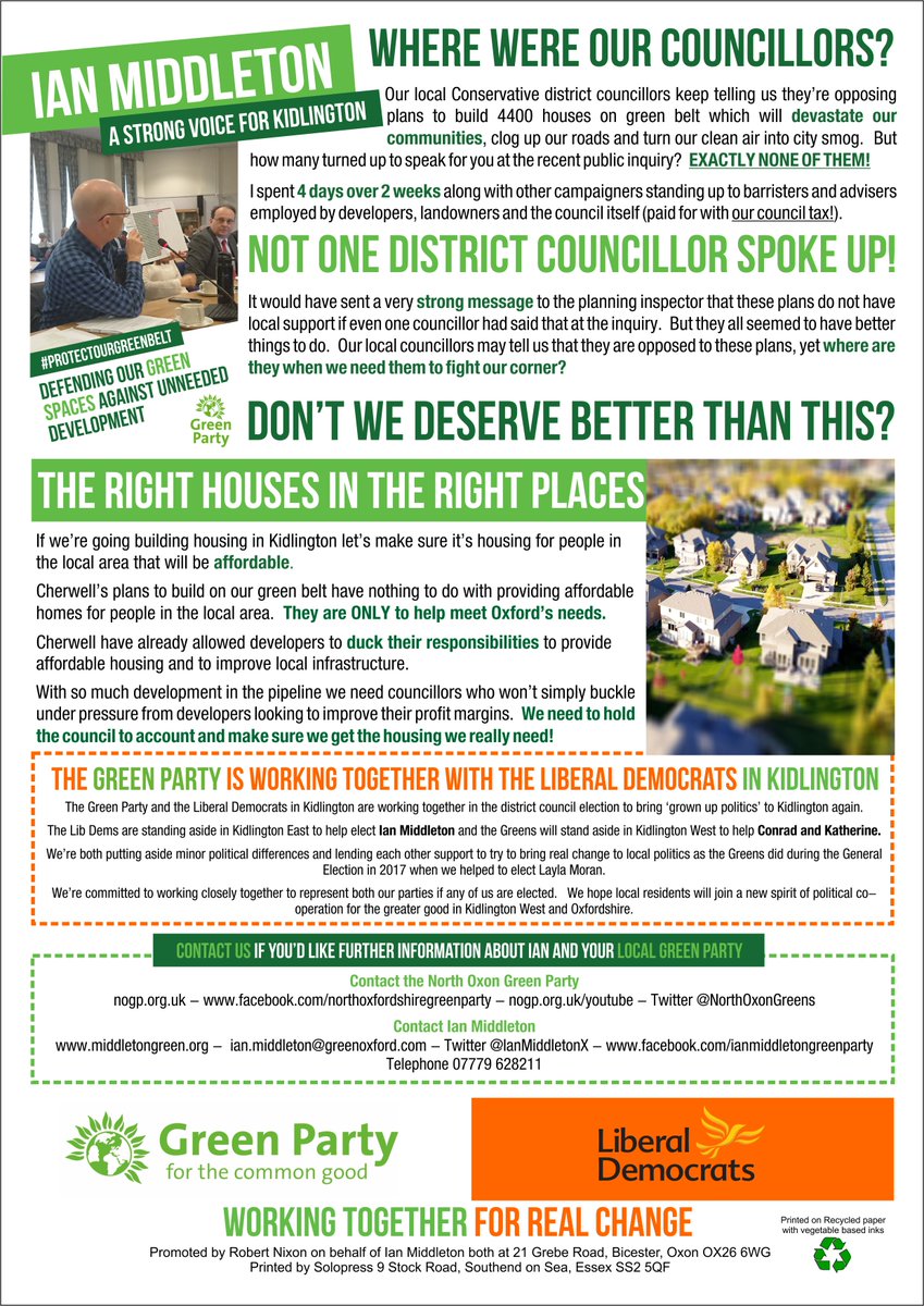 Our candidate in #Kidlington East, Ian Middleton, has been fighting to defend local #greenbelt in the area since they came under threat from Tory development plans.  A vote for him will give you a strong voice of protest on Cherwell District Council