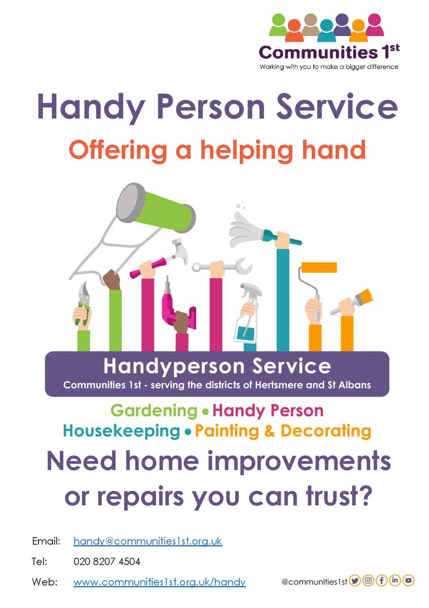 1stCommunities's tweet image. DYK we run a #Handyperson service that undertakes small scale jobs for residents living in #Hertsmere and #StAlbans who are 60 or over, disabled, low income etc

Visit ow.ly/7tjA30nvHdF or call 020 8207 4504

#affordable #lowcost #painting #decorating #gardening