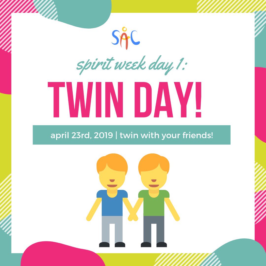Hey Gryphons! SPIRIT WEEK IS HERE! This UPCOMING Tuesdsay (after the long weekend) is Twin Day! So it’s time to find one of your good friends to twin with you! 😊 *Please note that there will be no senior sunrise on Wednesday! <a href="/GlenforestSS/">Glenforest SS</a>