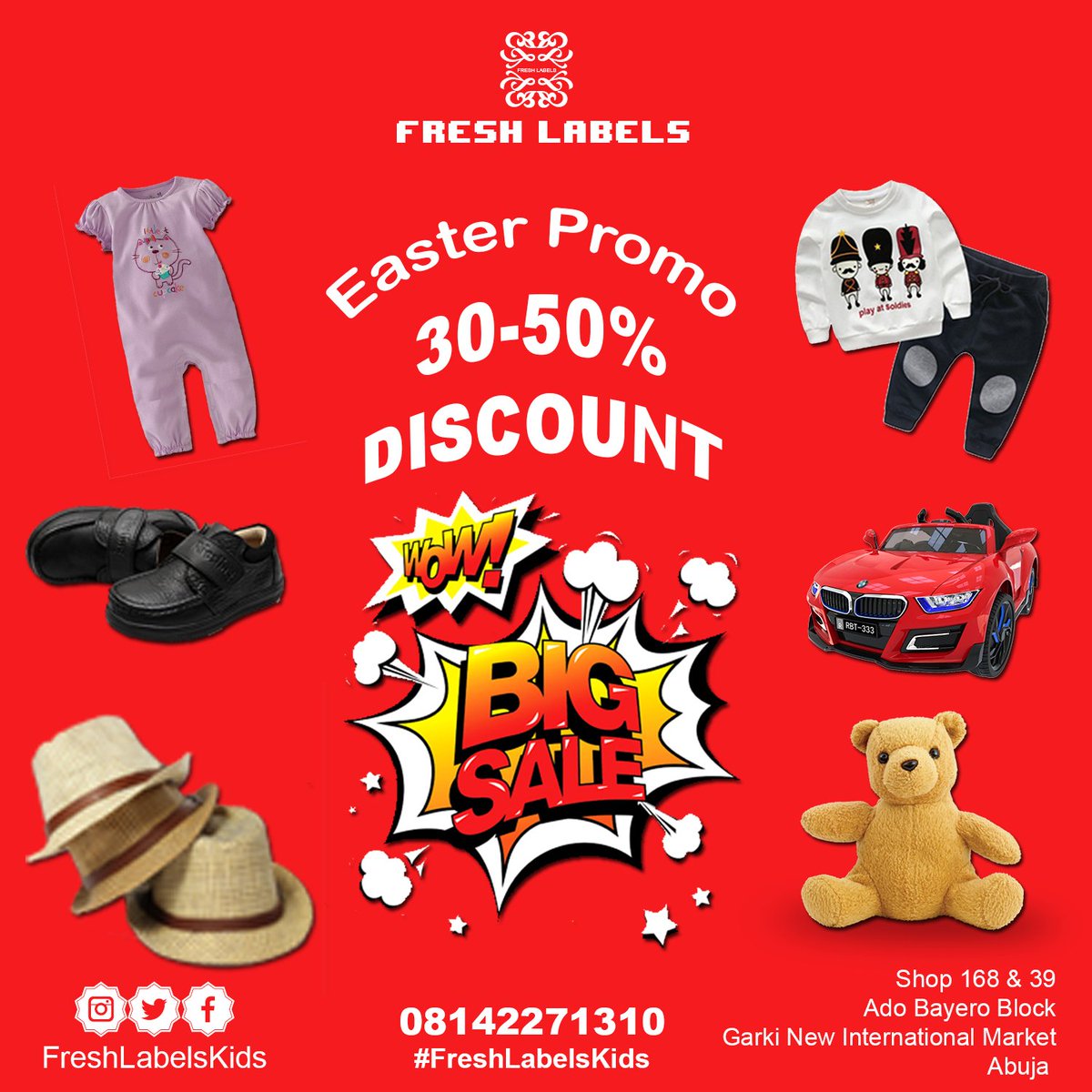 FreshLabelsKids's tweet image. Get all you need for your kids @FreshLabelsKids  👕👖👗👘👚🛍️👜🎒👞👟👠
Shop 168 &amp;amp; 39,  Block C2, Ado Bayero Building, New Garki Ultra Modern Market, Abuja 
0818 510 0573, 08142271310 
#FreshLabelsKids
#AbujaPlayGround
#AbujaTwitterCommunity
#SocialAbujaMarket
#Easter